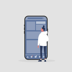 Young female character standing in front of the  smartphone screen. Social media life. Digital space. Millennial user. Flat editable vector illustration, clip art