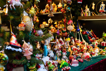 Christmas market kiosk details with cute christmas tree decorations