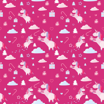 Christmas seamless pattern with unicorns, fir trees, candy cane, gift boxes on crimson background. Holiday template with Xmas unicorn, festive flat cartoon elements. Design for wrapping, fabric, print