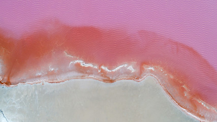 Fototapeta premium Rose salted laguna with coast of sand areal top view drone photography 