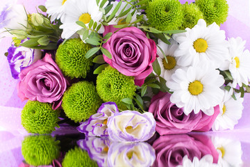 Bouquet of flowers, pink roses, white chrysanthemums, green foliage, design for a greeting card, wedding poster, woman day banner, on white background, isolated, close up