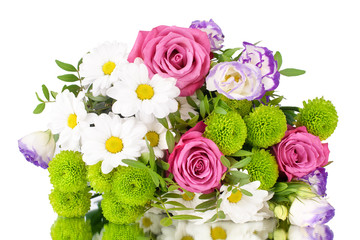 Beautiful bouquet of flowers, pink roses, white chrysanthemums, green foliage, design for a greeting card, poster, banner, on white background, isolated, close up