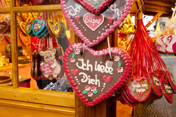 Gingerbread traditional christmas cookies and candies close up at German Christmas Market stand