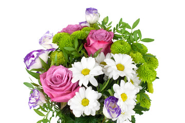 Bouquet of flowers, red roses, white chrysanthemums, green foliage, design for a greeting card, poster, banner, on white background, isolated, close up