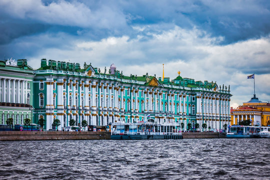 View of Hermitage building from Neva river, St Petersburg, Russia