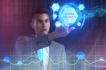 The concept of business, technology, the Internet and the network. A young entrepreneur working on a virtual screen of the future and sees the inscription: Server security