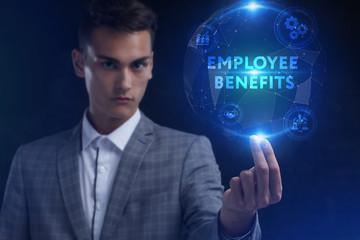 The concept of business, technology, the Internet and the network. A young entrepreneur working on a virtual screen of the future and sees the inscription: Employee benefits