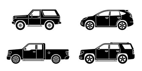 Set of personal cars. Set of automobiles in flat style. Offroad suv, pickup. Side view. Vector illustration.