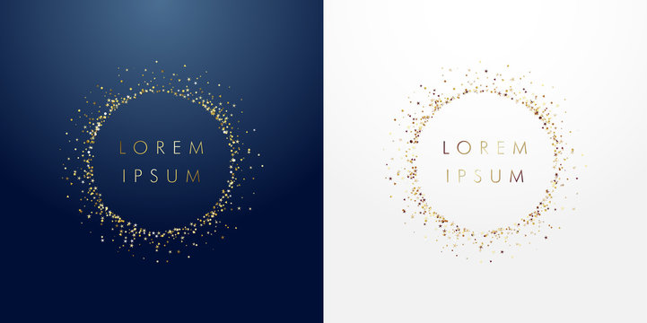 Golden sparkling ring with dust glitter graphic on dark blue and white background. Glorious decorative glowing shiny design. Discount sign with empty center. Letter O vector logotype or zero label.