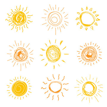 Set of sun in hand drawn style. Vector illistration.