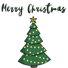 Merry Christmas text, handwritten sign on christmas tree with gold star and lights, isolated on white. Hand drawn illustration of cartoon christmas tree. Seasonal greeting card