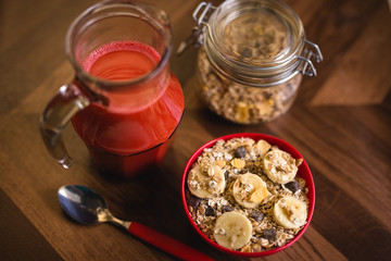 cereal with banana and natural juice. Healthy eating.