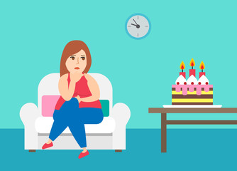 fat woman sitting on the chair and loking on cake on the table.dieting concept