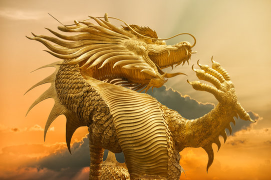 golden Chinese dragon with sunset