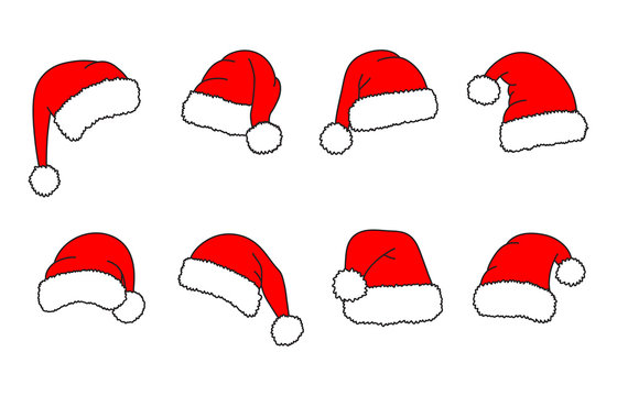 Santa hats - vector set. Christmas hats collection. Red cap. Vector illustration isolated