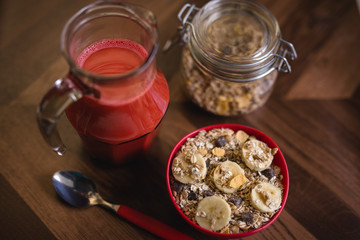 cereal with banana and natural juice. Healthy eating.