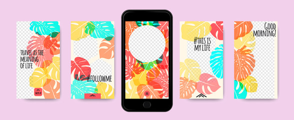Stories Templates With Tropical Philodendron Leaf.