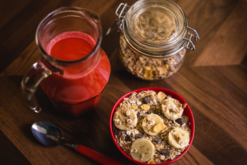 cereal with banana and natural juice. Healthy eating.
