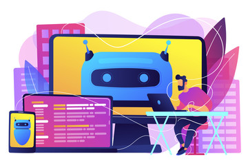 User with computer, laptop and tablet screens with chatbot and digital habits. Digital wellbeing, digital health, device stress managing concept. Bright vibrant violet vector isolated illustration
