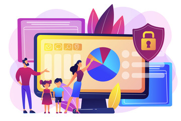 Parents with children using content control software. Parental control software, restricted access for children, media content limitations concept. Bright vibrant violet vector isolated illustration