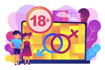 Children at laptop with adult content restriction for inappropriate video. Adult content, sexual content notification, 18 age restriction concept. Bright vibrant violet vector isolated illustration