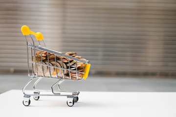 Mini shopping cart contain stack coins using as e-commerce and business marketing concept
