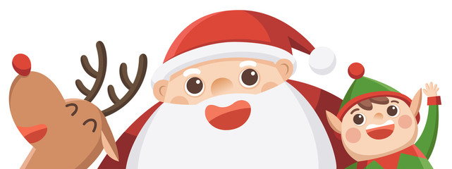 Merry Christmas And Happy New Year Greeting Card. Santa with elf and reindeer.