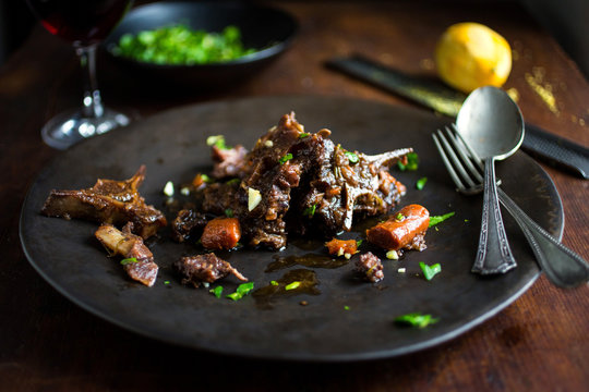 Close up of oxtail stew served on plate