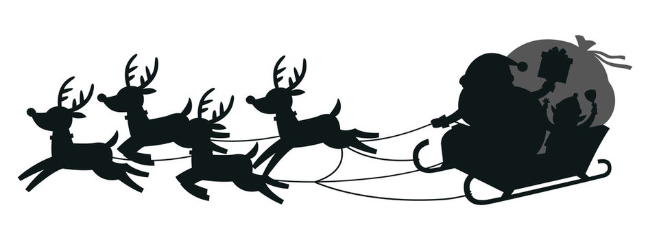 Merry Christmas And Happy New Year Greeting Card. Santa riding in sledge with reindeers.