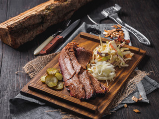 Brisket meat beaf bbq with cole slaw, jalapeno and onion
