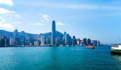 View from Kowloon over Victoria Harbor to the skyline of Hong Kong Island