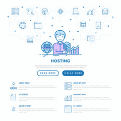 Hosting concept with thin line icons: VPS, customer support, domain name, automated backup, SSD, control panel, secure server, local network, SSL. Vector illustration, web page template.