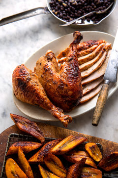 Mojo Turkey, roasted banana slices and black beans on white marble