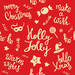 Merry Christmas seamless pattern. Holiday lettering. Make a wish. Ho-ho. Holly Jolly. Winter holiday background. New Year texture.