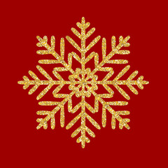 Gold glitter texture snowflake isolated on Red background