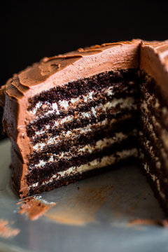 Close up of devil's food cake with black pepper buttercream 