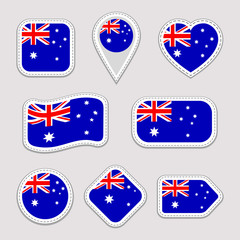 Australia flag stickers set. Australian national symbols badges. Isolated geometric icons. Vector official flags collection. Sport pages, patriotic, travel, school, design elements. Different shapes