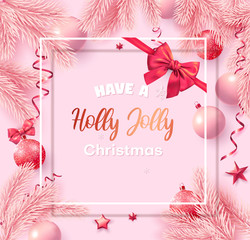 Pink Merry Christmas greeting card with fir branches, Christmas balls and satin bow.