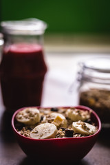 cereal with banana and natural juice. Healthy eating.
