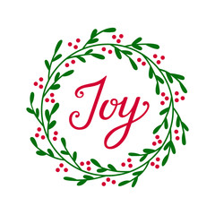 Christmas JOY wreath. Hand drawn vector round frame for invitations, postcards, greeting cards, quotes, logos, posters and more. Vector illustration