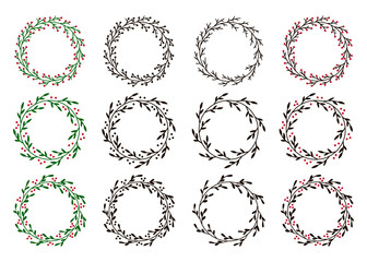 Collection of christmas wreaths. Hand drawn vector round frames for invitations, postcards, greeting cards, quotes, logos, posters and more. Vector illustration