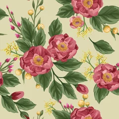 Poster Beautiful peonies on beige background. Seamless pattern © hoverfly