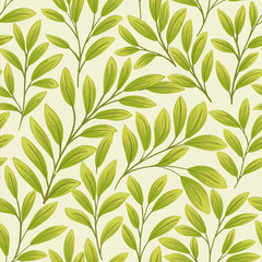 Green leaves on beige background. Seamless pattern