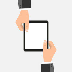 Businessman hands holding tablet with blank screen in a flat design