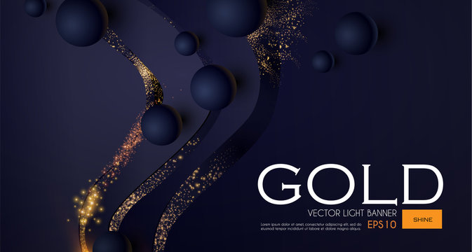 Abstract Light Waves Background with Gold Glitter Effect and Flying Spheres.