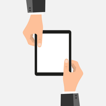 Businessman hands holding tablet with blank screen in a flat design