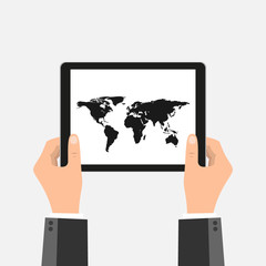 Business Hands holding tablet pc with map screen and black frame. Object isolated of background. EPS10 illustration