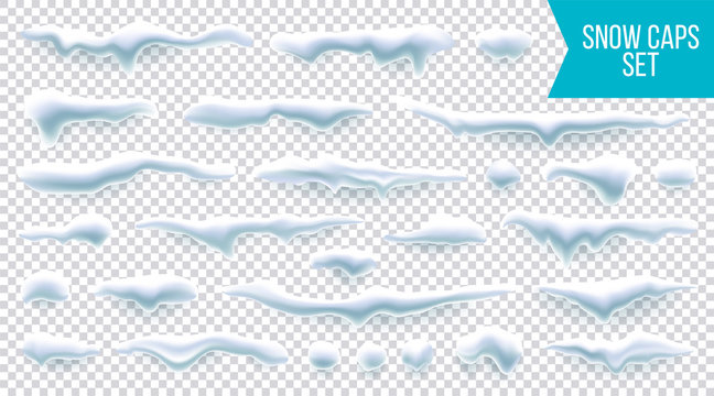 Realistic snow caps set, New Year winter ice elements on transparent background. Vector snow drift collection.