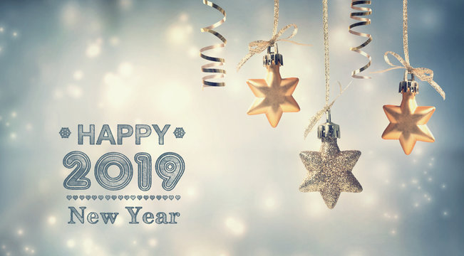 Happy New Year 2019 message with hanging star ornaments