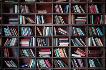 old library shelves with books